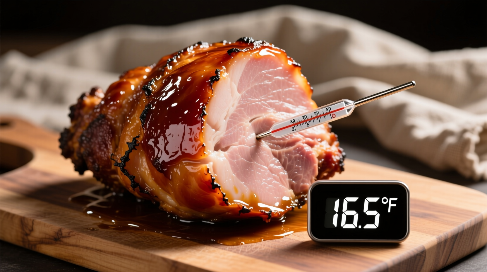 Perfectly glazed baked ham with thermometer reading