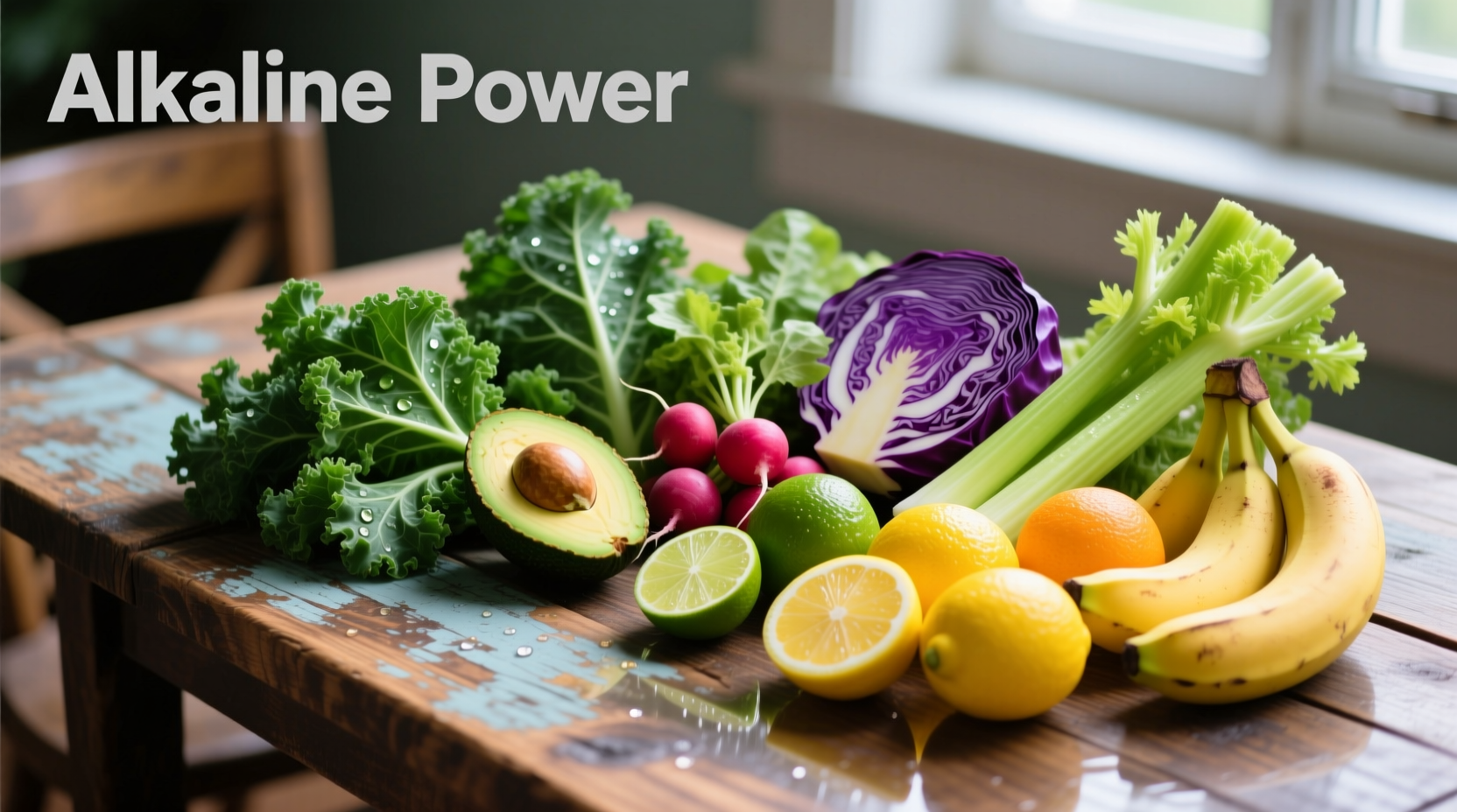 Colorful display of alkaline foods on wooden table