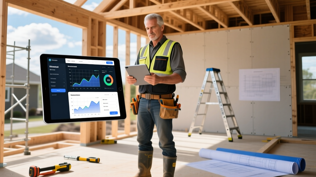 General contractor holding a tablet displaying a digital scope calculator and website wireframes while standing on a residential job site