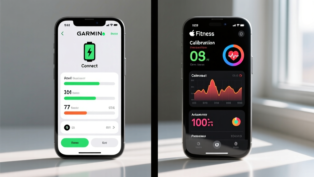 Split-screen smartphone display showing Garmin Connect battery settings on the left and Apple Watch Fitness app calibration metrics on right