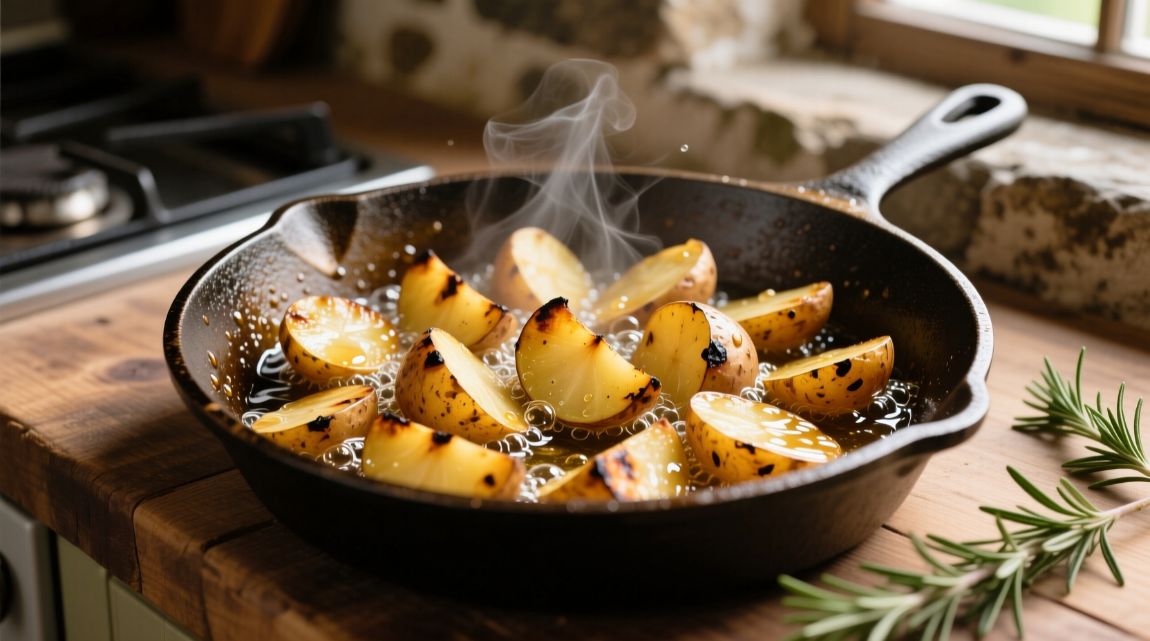 Golden brown potato shaders sizzling in cast iron skillet