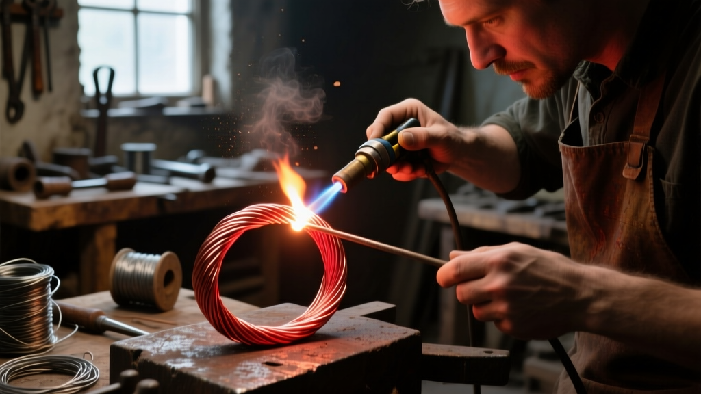 Jeweler using a micro-torch to anneal a thick copper wire frame, revealing a dull red heat glow in a dimly lit workshop setting.