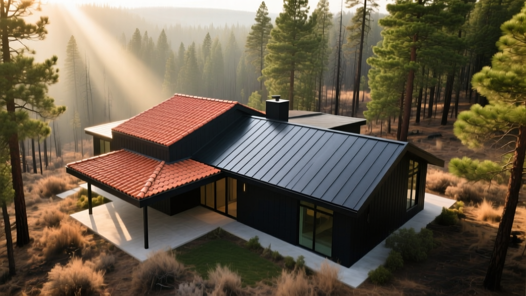 Aerial view of a modern home in a wildfire zone featuring a dark standing seam metal roof and terracotta clay tile accents surrounded by pine trees