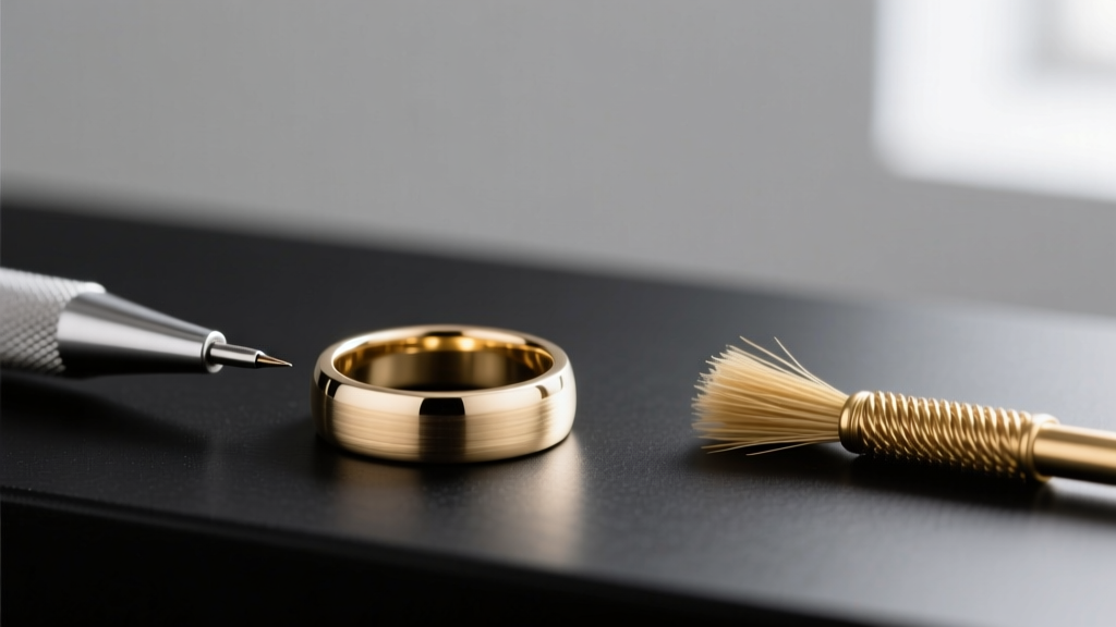 Fiberglass scratch pen and brass wire brush resting beside a 14k white gold ring being restored to a directional brushed finish