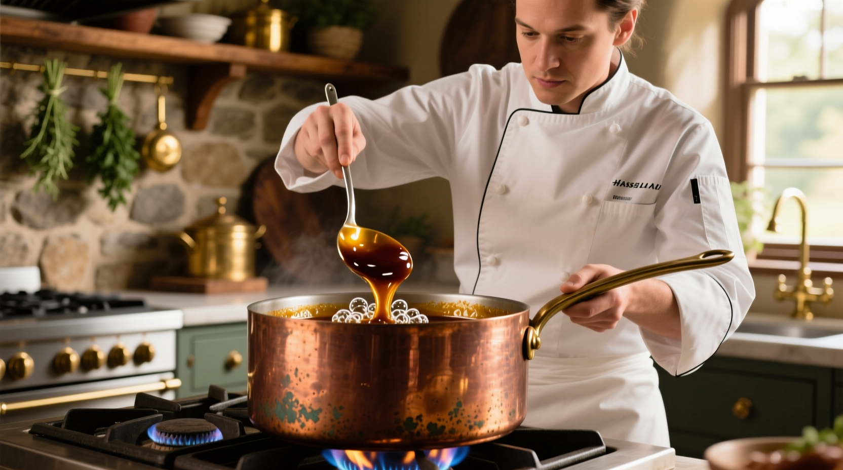Chef stirring a reduction sauce in copper pot
