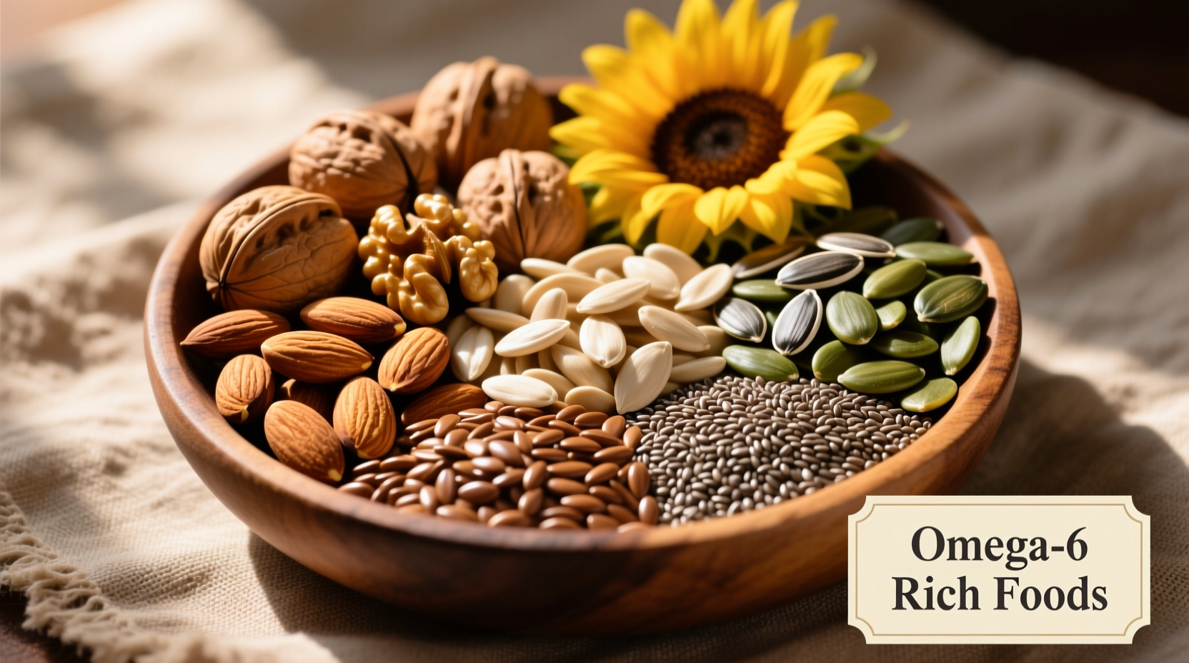 Colorful assortment of omega-6 rich foods including nuts and seeds