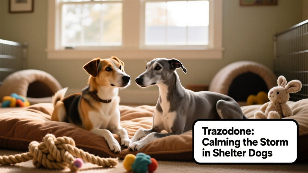 Two shelter dogs playing calmly together in a quiet, sunlit playroom with soft bedding and toys