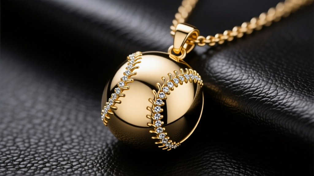 Macro shot of a 14k gold custom baseball necklace pendant with diamond stitching on dark leather under soft studio lighting