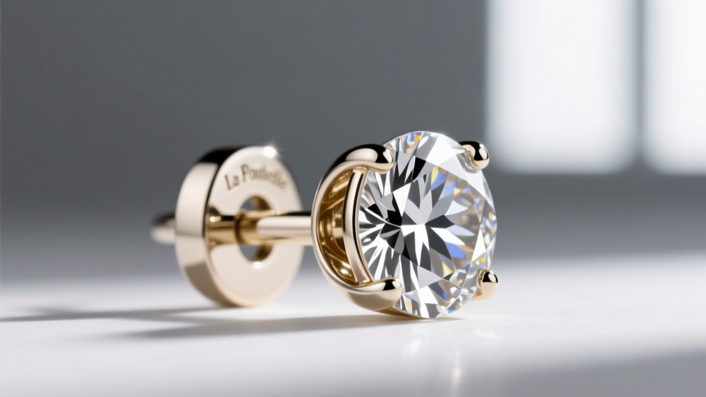 Close-up of a 14k white gold La Pousette earring back securing a heavy cushion halo diamond post with dual safety notches.