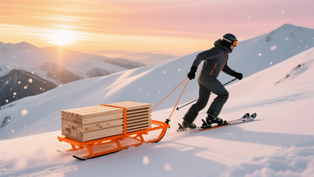 Alpine skier pulling an orange pulk sled loaded with modular timber panels across a snow-covered mountain ridge at sunrise