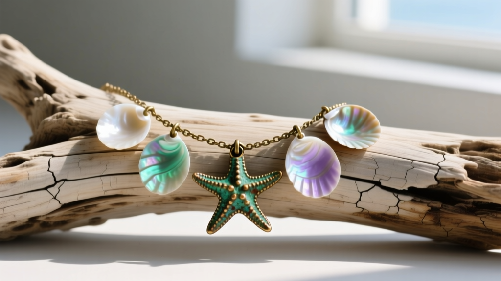 Tarnished shell mermaid necklace with cloudy abalone pendants and a corroded brass starfish charm on sun-bleached driftwood