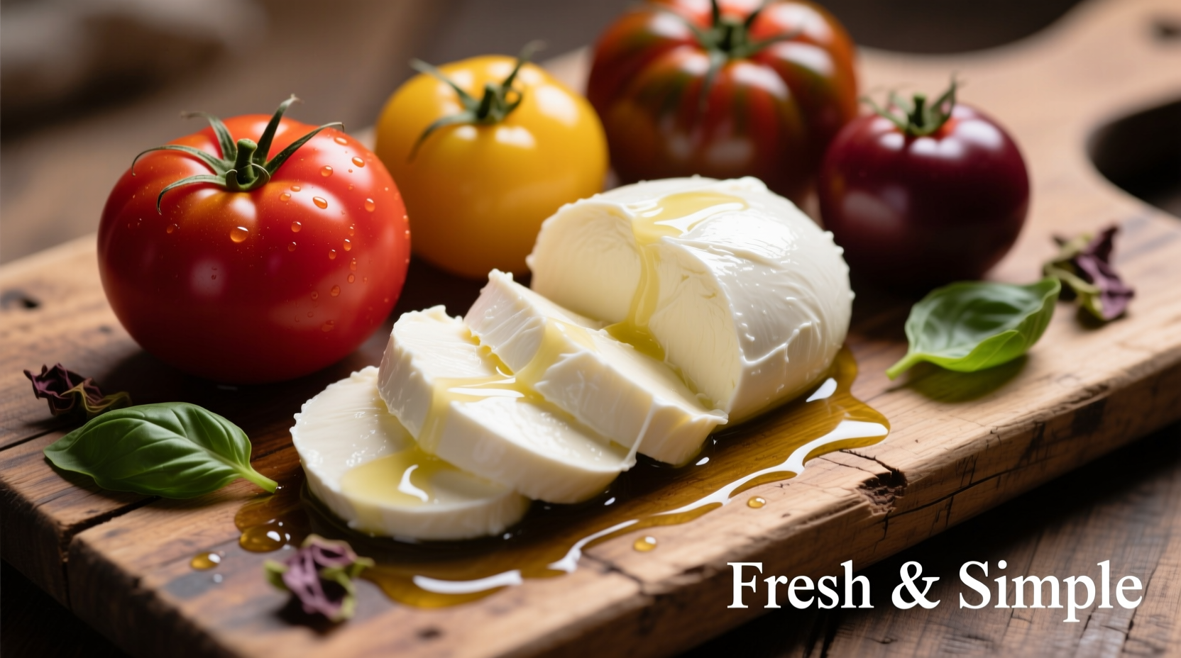 Fresh mozzarella and heirloom tomatoes on wooden board