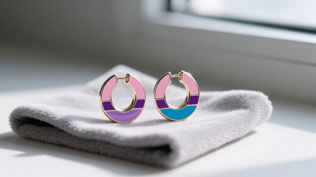 Pink, purple, and blue enamel bisexual pride huggie earrings resting on a soft grey microfiber jewelry cleaning cloth.