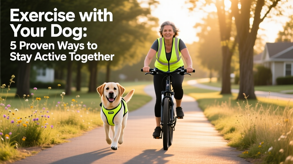 A person cycling on a paved trail with their dog trotting confidently beside them, both wearing reflective gear for safety