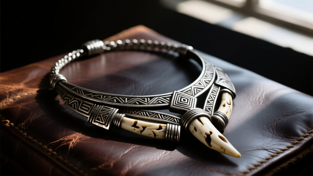 Oxidized silver tribal fantasy necklace on dark leather, moody lighting highlighting rugged metalwork and carved bone inlays