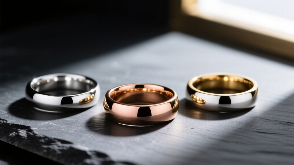 Macro shot of platinum, 18k rose gold, and 14k white gold rings resting on a dark slate surface with dramatic side lighting.