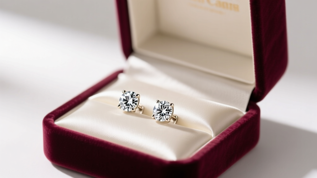 Open velvet gift box revealing 0.75 ct diamond stud earrings in 14k white gold martini settings, resting on soft ivory silk fabric.