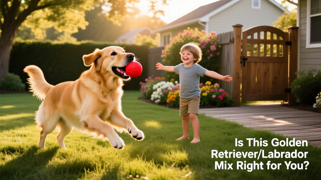 A Goldador playing fetch with a child in a sunlit backyard