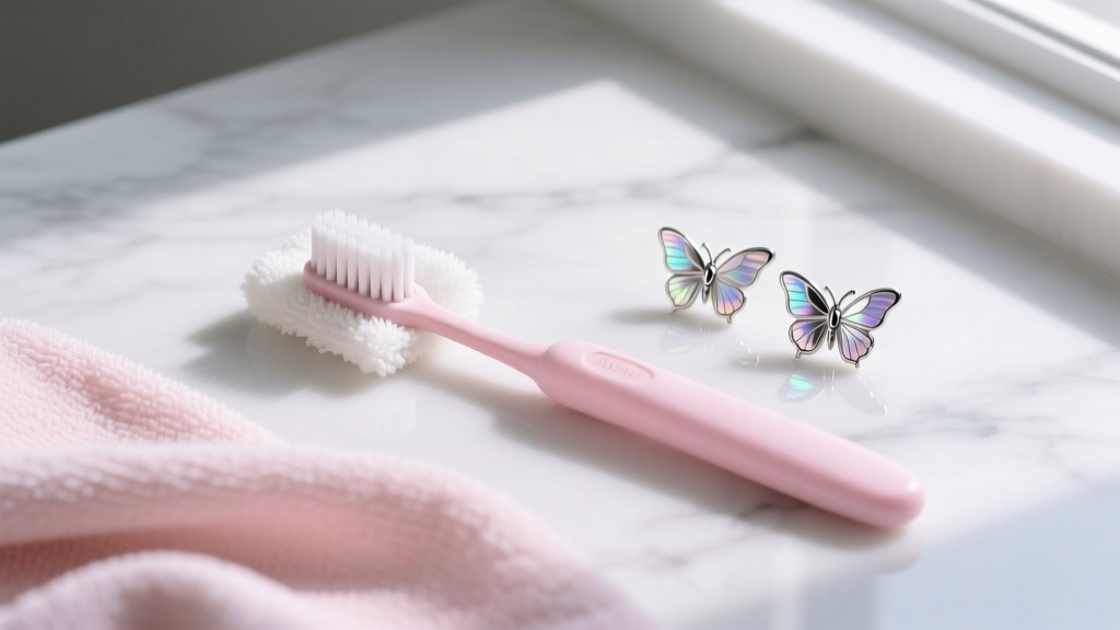 Flat lay of a soft baby toothbrush, microfiber cloth, and silver luna moth earrings being gently cleaned on a white marble surface