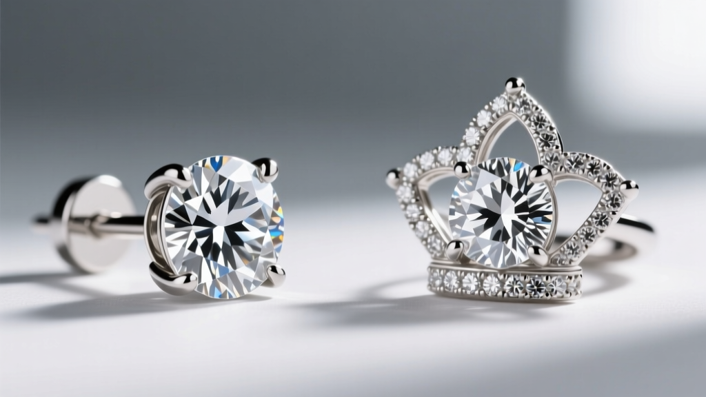 Close-up comparing a three-prong martini setting and a four-prong crown basket setting for large two-carat diamond stud earrings.