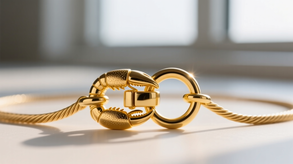 Macro photography of a 14k yellow gold lobster clasp attached to a soldered jump ring on a 1.2mm cable chain, sharp focus.