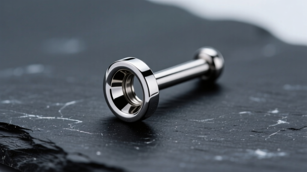Macro photography of a 16-gauge implant-grade titanium flat back labret post with a mirror finish, resting on a dark slate surface