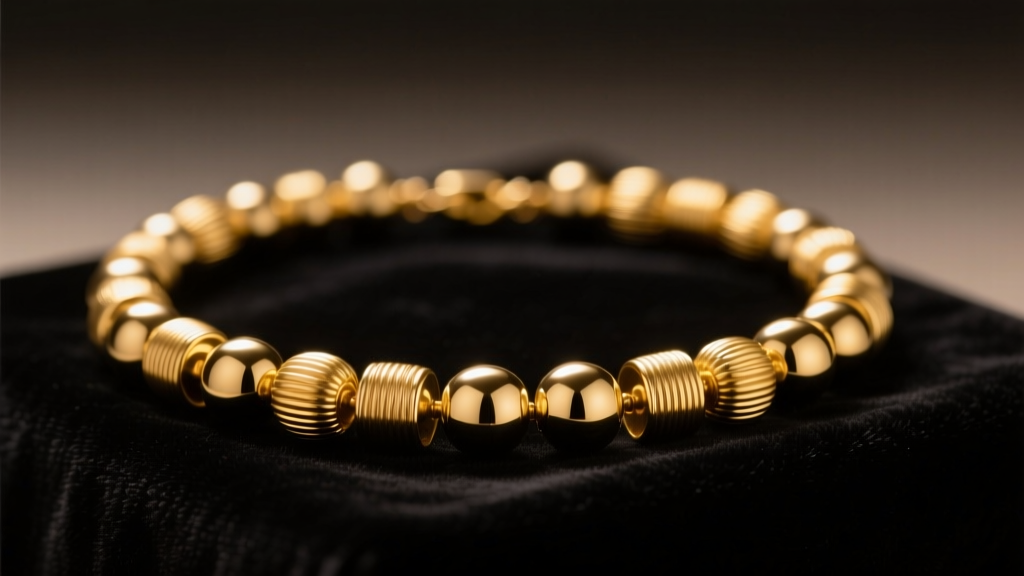 Close-up of a golden beaded necklace on dark velvet, showing varied metallic textures and warm, soft lighting reflections.