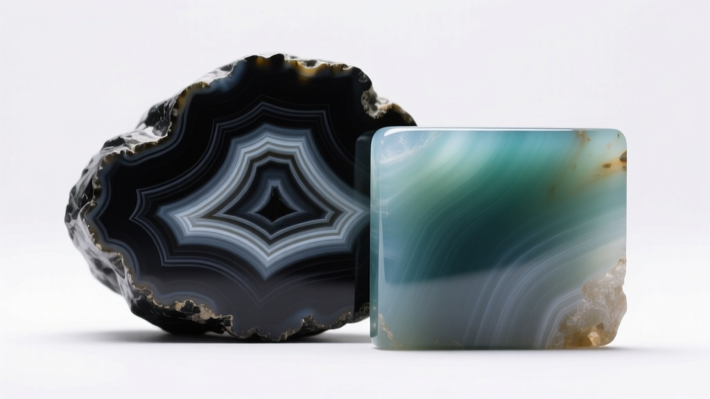 Macro view of natural banded black onyx beside solid dyed chalcedony, illuminated by bright, clinical gemological lighting.