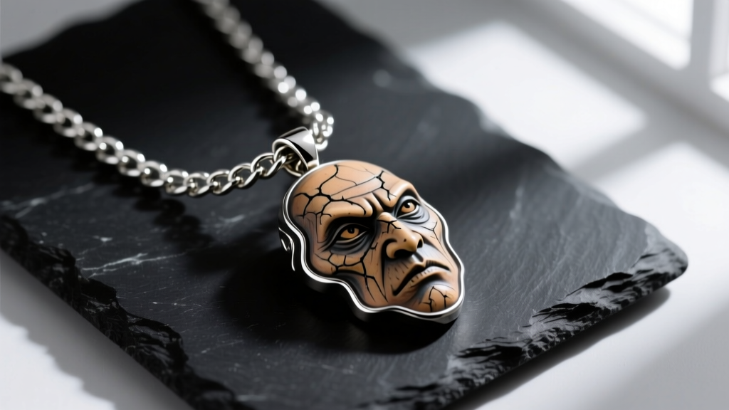Detailed Behelit Berserk necklace pendant on black slate, showing painted facial features and a thick silver chain.