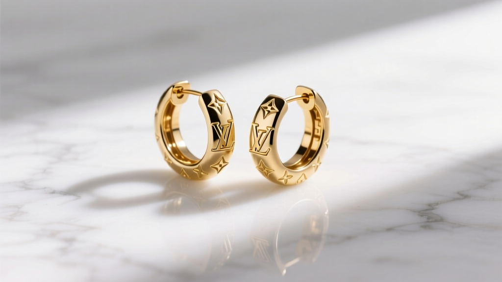 Flat lay of gold-tone Louis Vuitton monogram hoop earrings resting on a white marble surface with soft natural morning light