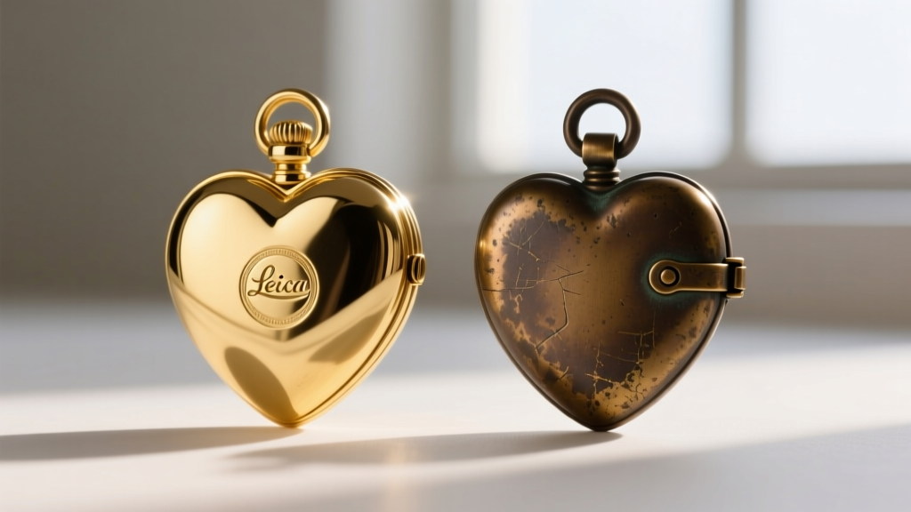Two vintage heart lockets side by side, one in pristine gold condition, the other showing dark brass wear on high contact points.