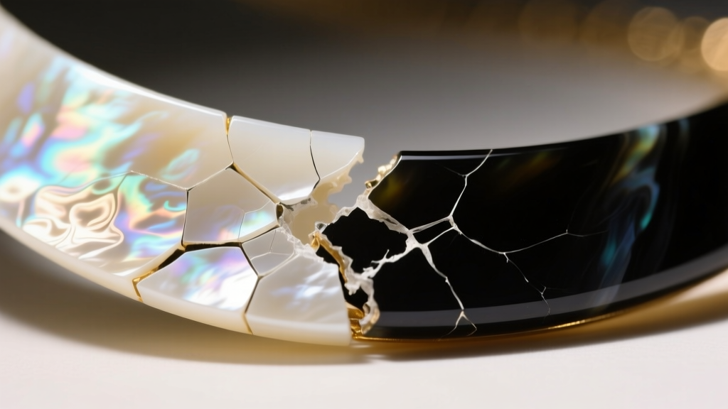 Macro shot of a damaged white mother of pearl necklace showing delamination where thin nacre separated from an onyx backing stone