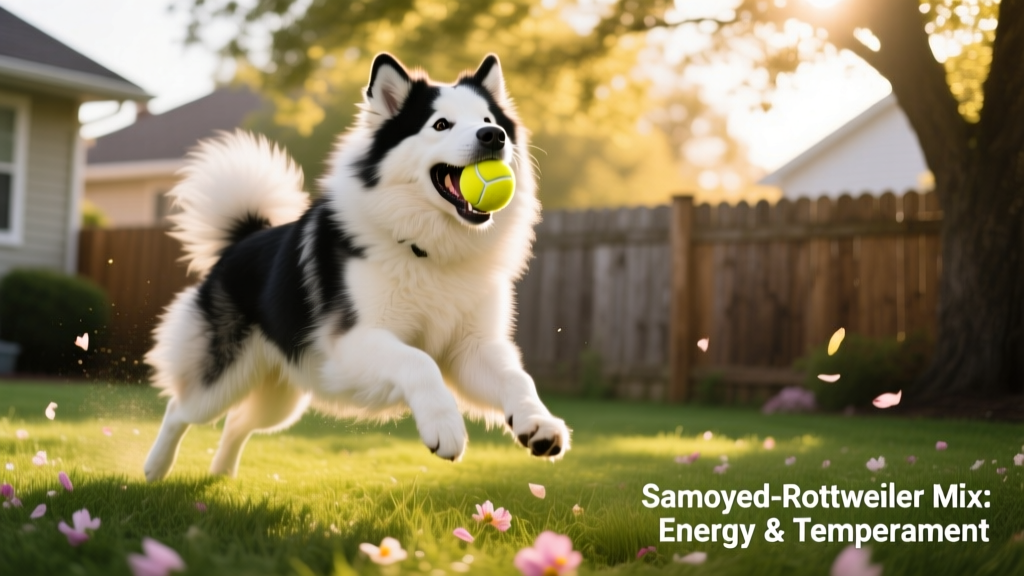 A Samoyed Rottweiler Mix playing fetch in a sunny backyard with a tennis ball, showing energy and enthusiasm