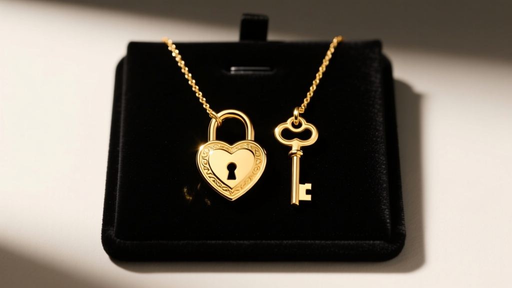 Polished 14k yellow gold heart lock and key necklace resting on dark velvet display pad, illuminated by warm, soft studio lighting.