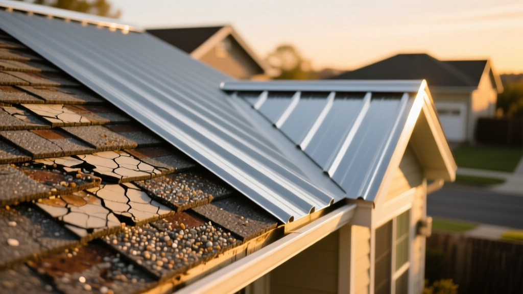Close-up of weathered architectural asphalt shingles contrasting with pristine standing seam metal roofing on a residential home during golden hour
