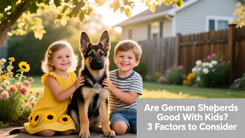 A calm German Shepherd puppy sitting beside two young children who are gently petting it