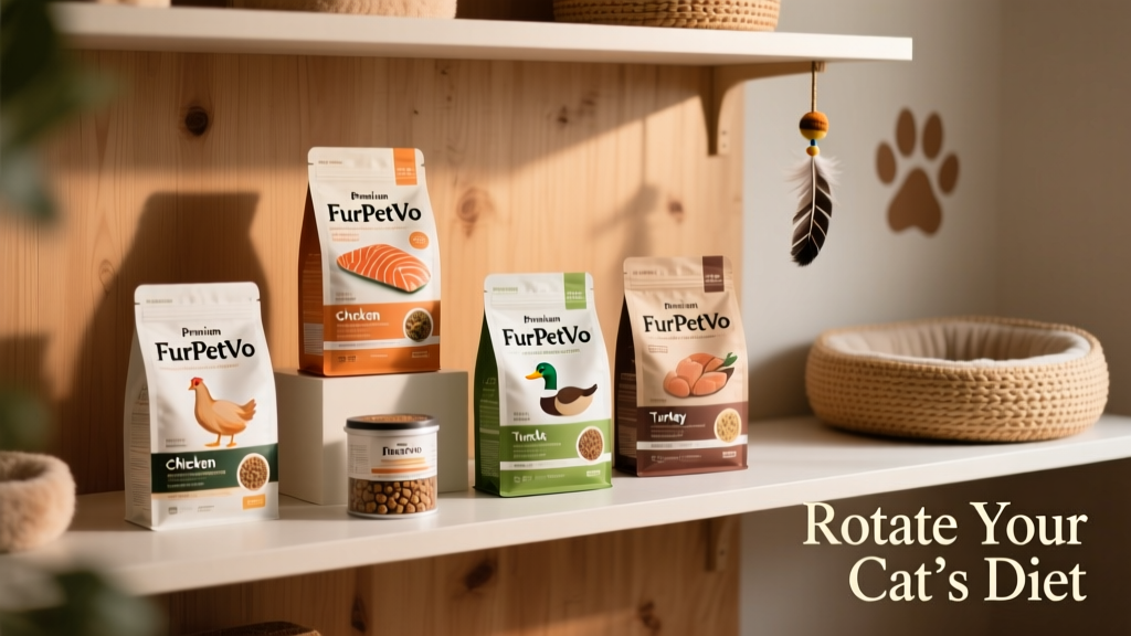 Shelf displaying several FurPetVo dry and wet food packages, clearly labeled with different protein sources (chicken, salmon, duck, turkey)