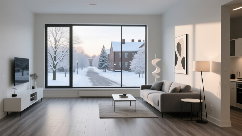 Modern student apartment interior with luxury vinyl plank flooring, open-concept layout, and windows overlooking a snowy campus street