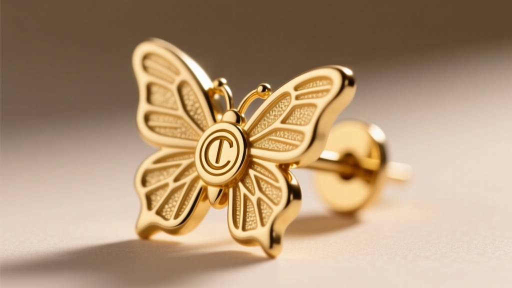 Macro close-up of a butterfly earring backing, showing the stamped logo and the 20-gauge thickness of a gold-plated brass post.