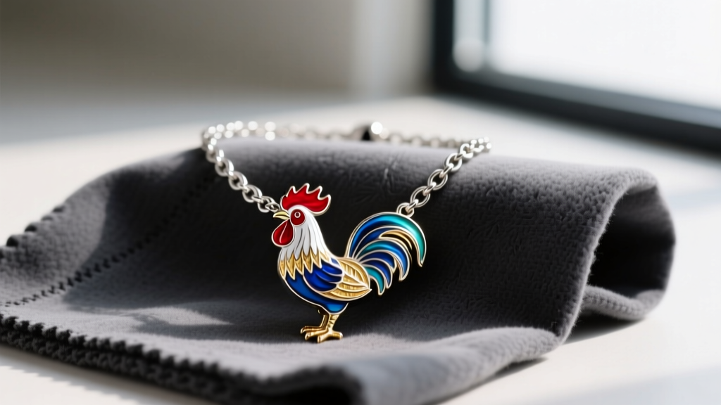 Close-up of a silver-tone Moncler necklace featuring an enamel rooster pendant resting on a dark grey microfiber cleaning cloth