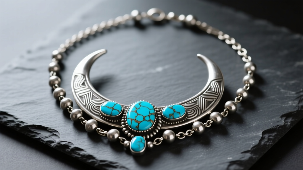 Vintage Navajo squash blossom necklace on dark slate, featuring a heavy silver crescent naja and vibrant blue turquoise stones
