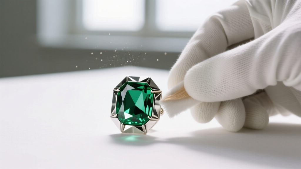 Conservator using a dry microfiber swab to clean the table facet of a foil-backed emerald-cut vintage glass rhinestone earring.