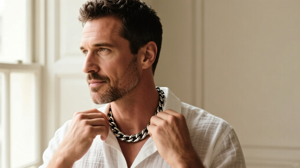 A man adjusting a 4mm oxidized sterling silver Cuban link chain around his neck, wearing a crisp white linen button-down shirt.