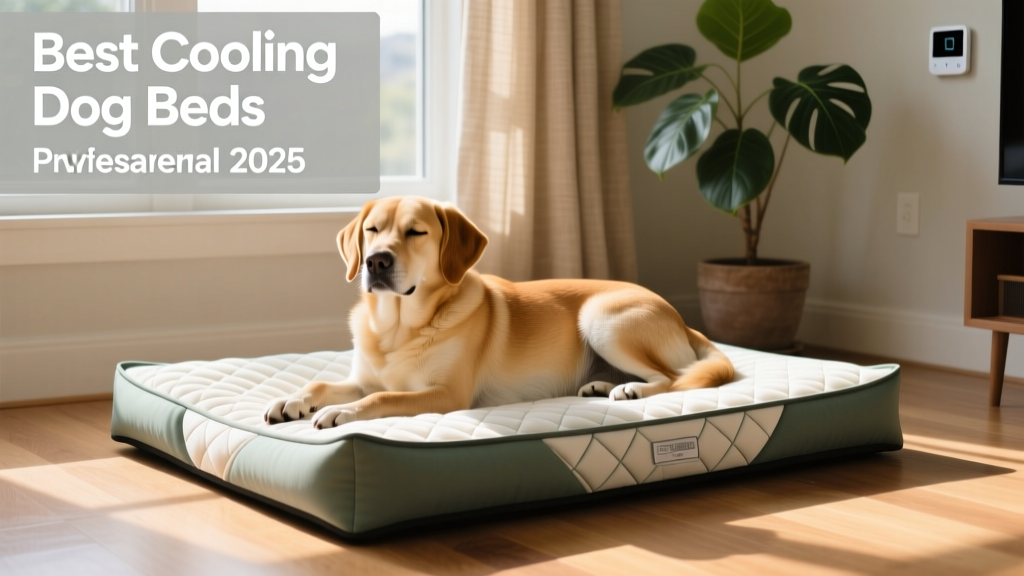 A dog lying calmly on a cooling dog bed indoors