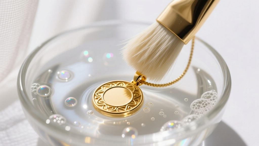 Soft natural bristle brush gently cleaning a pure gold pendant in a glass bowl of soapy water, shot in macro photography style.
