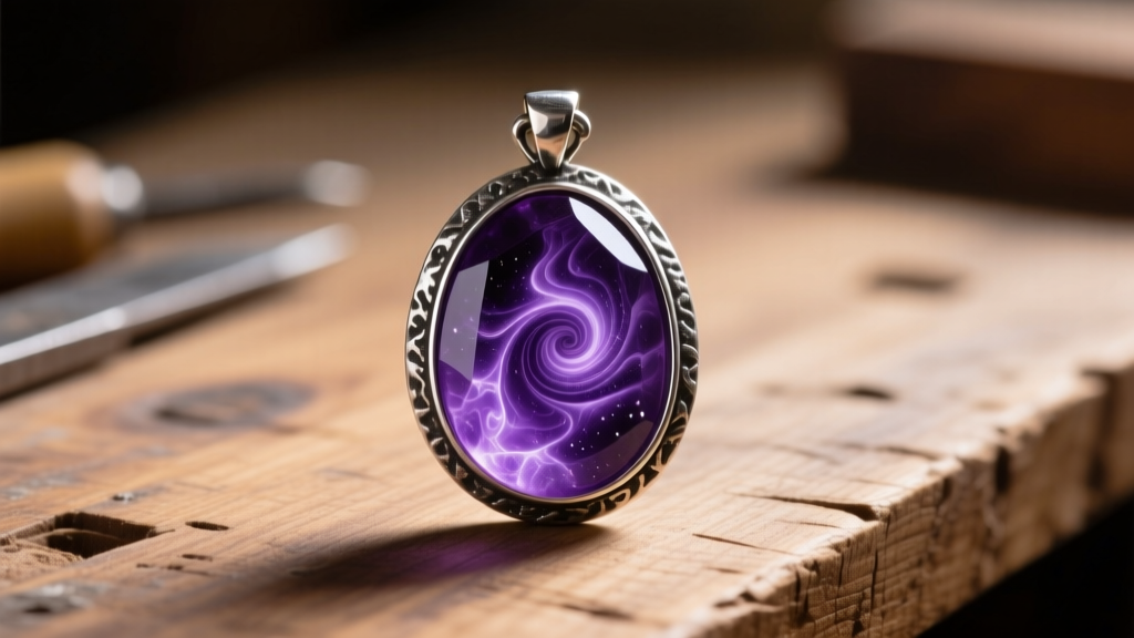 Dark purple resin void crystal pendant in an oxidized silver bezel resting on a wooden workbench under warm directional lighting.