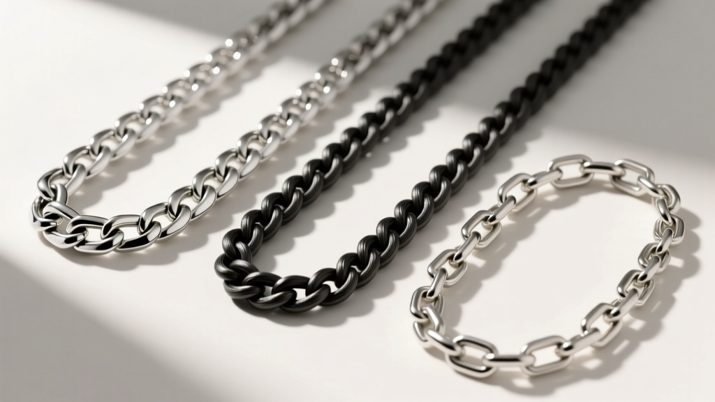 Three 20-inch mens chains side-by-side: polished platinum box chain, matte black titanium rope, and classic 925 silver Figaro