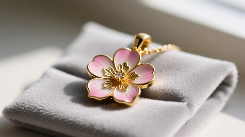 Close-up of a gold-plated Kate Spade flower pendant with pink enamel petals resting on a soft gray microfiber jewelry cloth.