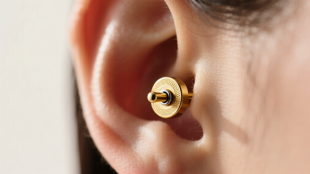 Macro shot of a 16-gauge flat-back labret in a helix piercing, highlighting a non-reflective brushed gold finish for ID photos.