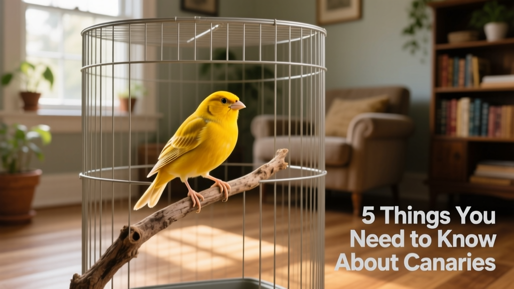 A single yellow canary perched calmly on a natural branch inside a spacious rectangular cage with small bar spacing